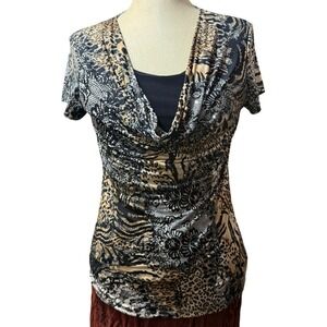 Brittany Black M Sequin Leopard Top Draped Cowl Neck Y2K Goth Mob Wife Club Glam